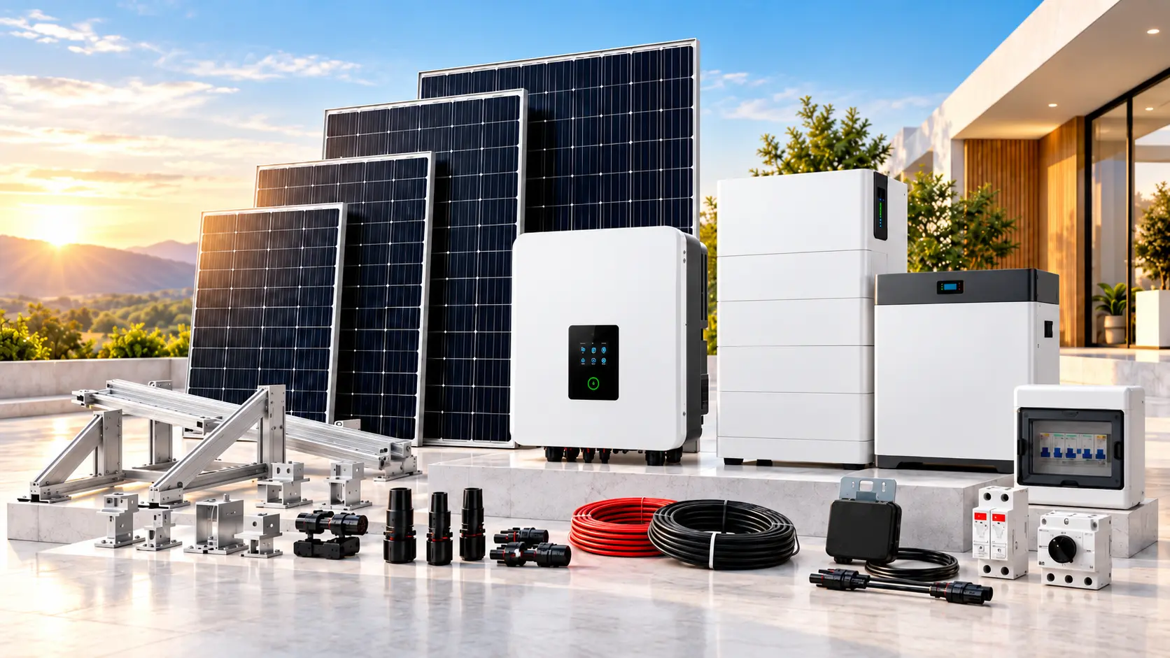 Paket Lengkap Komponen Energi Surya Solaris: Panel Surya, Inverter, Baterai BESS, dan Aksesori